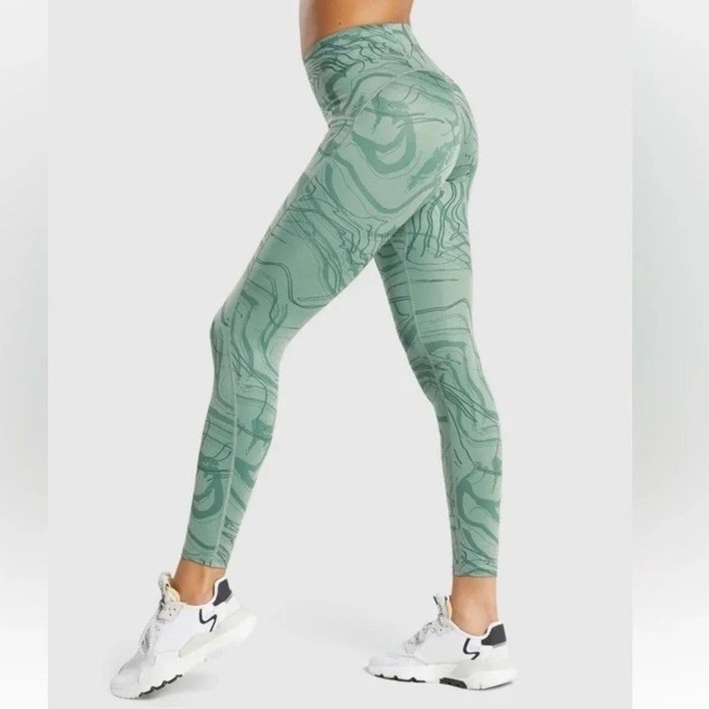 Gymshark Wmns Power Support High Waisted Scrunch Bum Legging Green Marble Print - Picture 7 of 10
